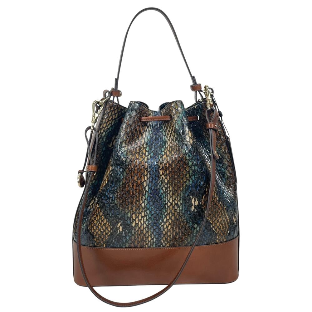 Brahmin Marlowe Embossed Leather Bucket Bag Bottle Blue Fletcher - Picture 5 of 13